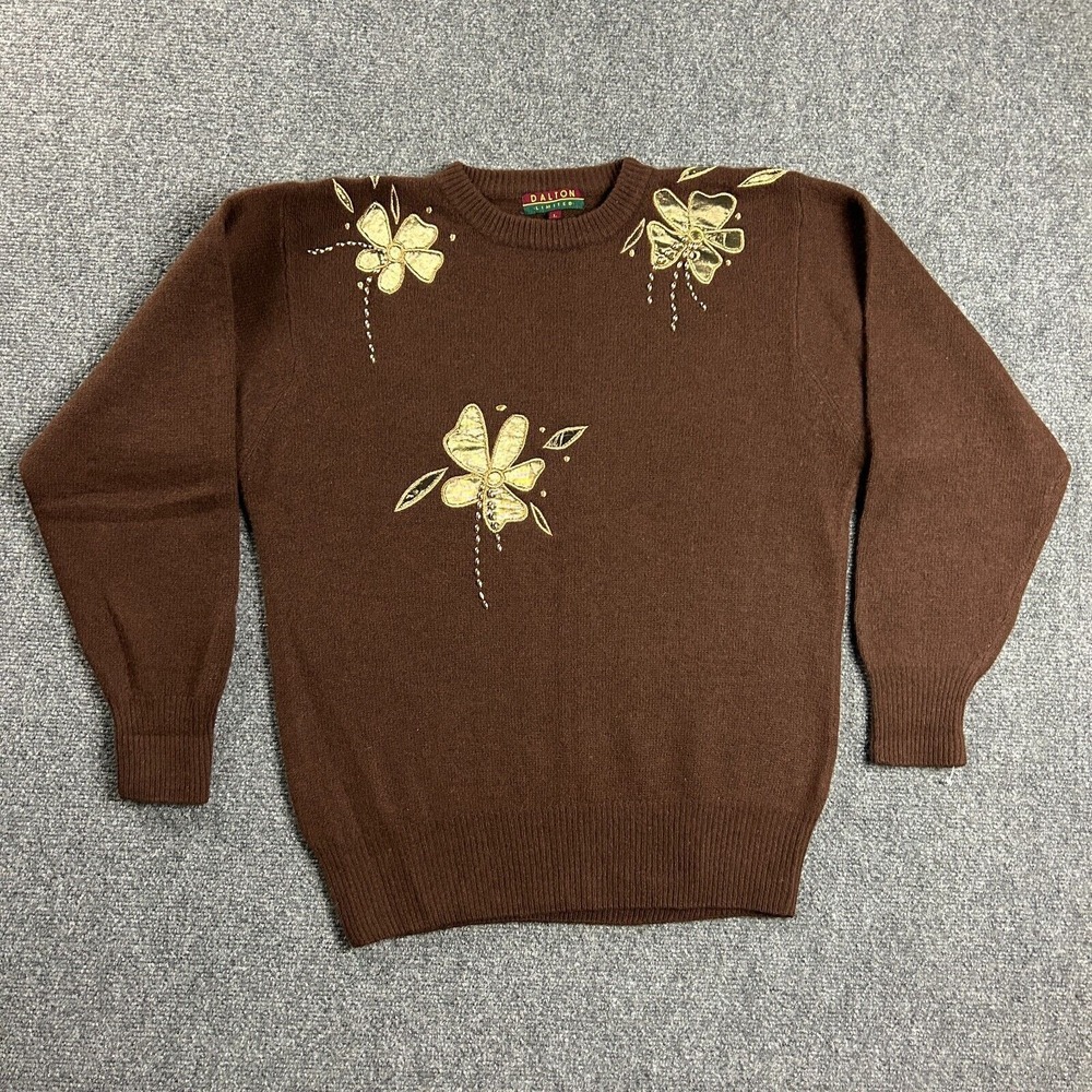 Dalton Limited Sweater Womens Large Brown Crew Neck‎ Floral Lambswool Angora